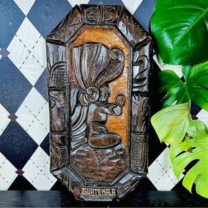 Wood Wall Plaque Mayan Figure 17" Folk Art Hand Carved Guatemala Decor Rustic